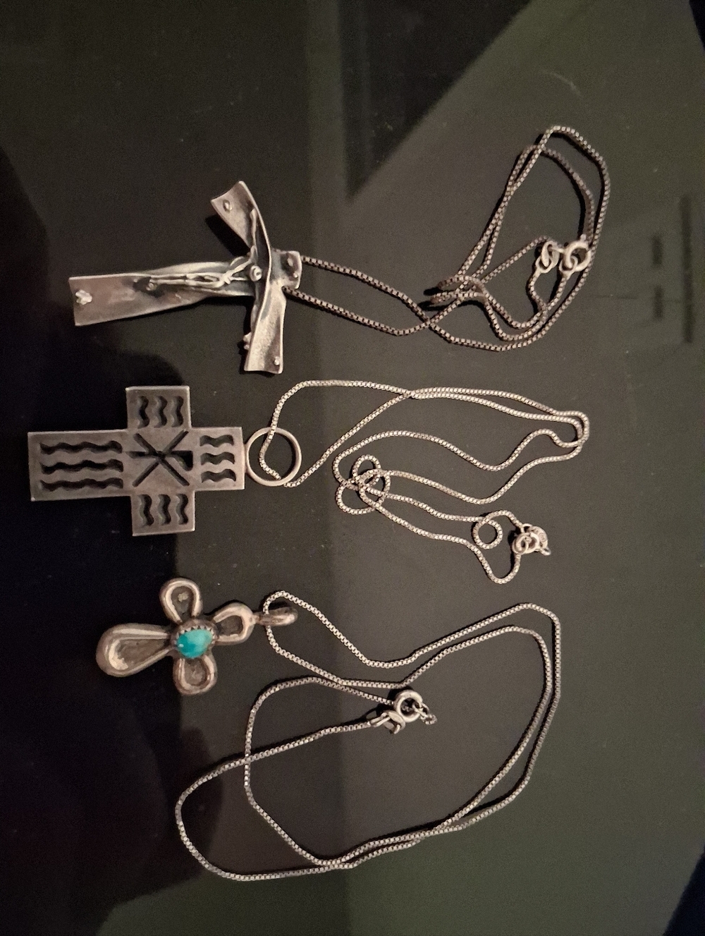 Vtg Sterling Silver Native American Zuni Turquoise Cross Pendant Necklace Lot